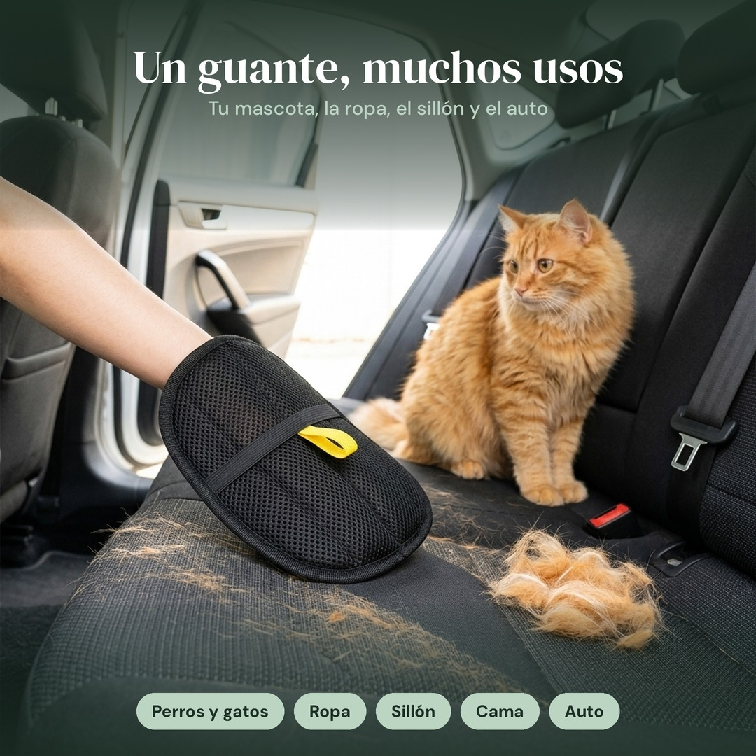 Guante Mimo quitando pelo de gato del asiento del auto