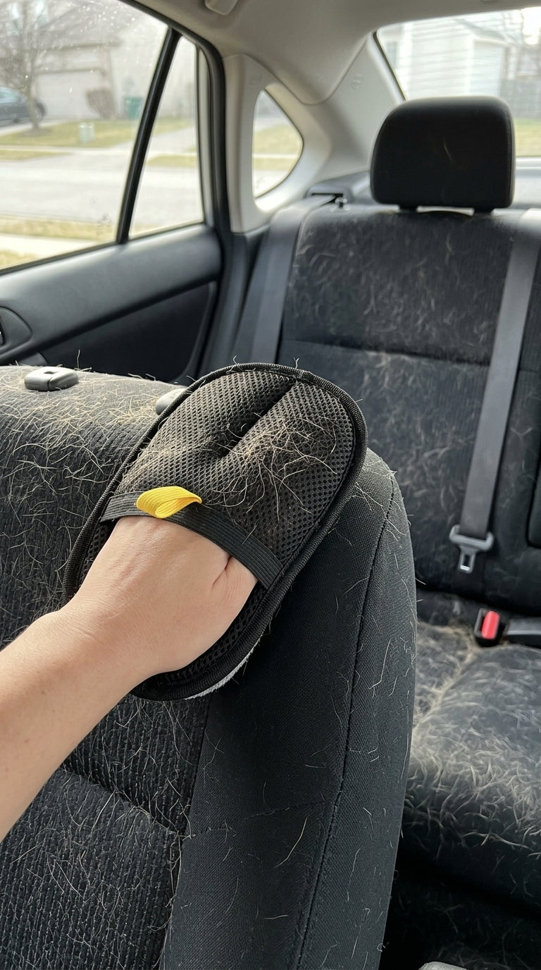 Guante Mimo sacando pelo de perro del asiento del auto