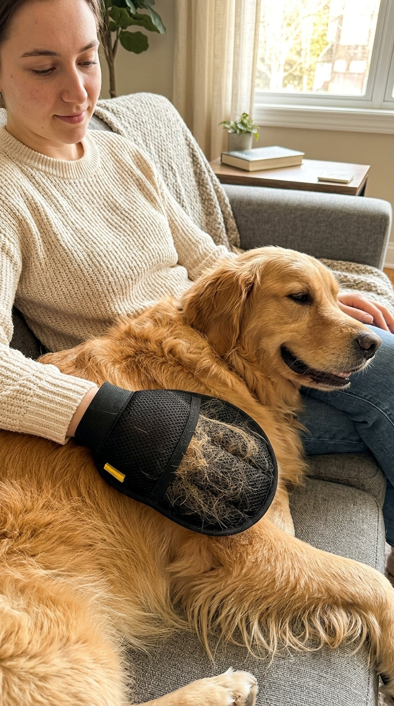 Mujer usando el guante Mimo con su golden retriever en el sillón
