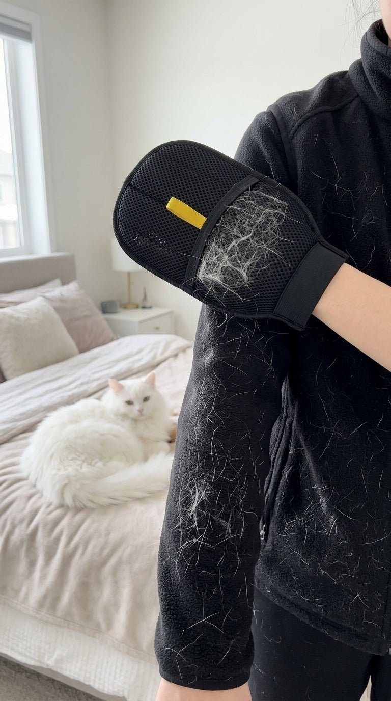 Guante Mimo quitando pelo de gato de un polerón negro